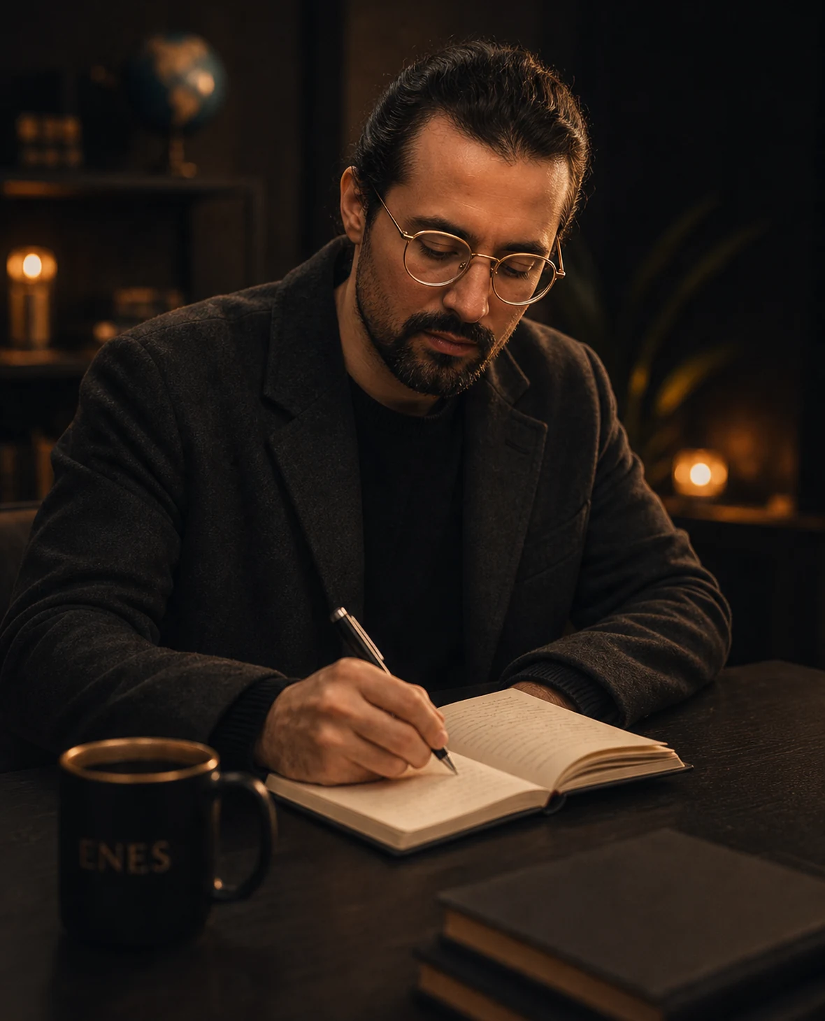 Enes schreibt in ein Notizbuch